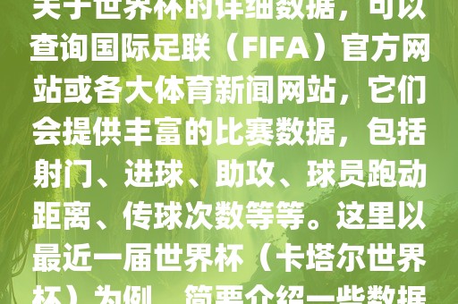 关于世界杯的详细数据，可以查询国际足联（FIFA）官方网站或各大体育新闻网站，它们会提供丰富的比赛数据，包括射门、进球、助攻、球员跑动距离、传球次数等等。这里以最近一届世界杯（卡塔尔世界杯）为例，简要介绍一些数据