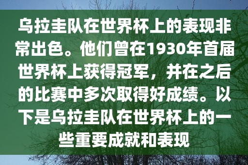 乌拉圭队在世界杯上的表现非常出色。他们曾在1930年首届世界杯上获得冠军，并在之后的比赛中多次取得好成绩。以下是乌拉圭队在世界杯上的一些重要永康市本千工贸有限公司成就和表现