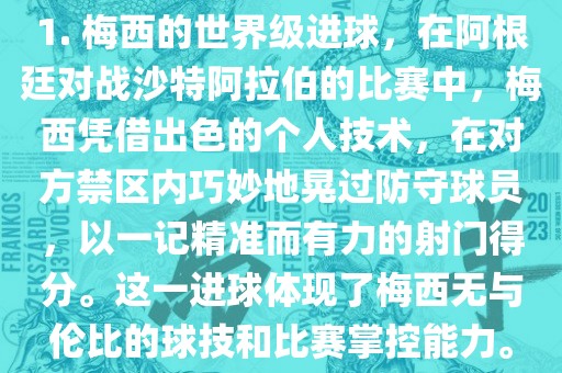 1. 梅西的世界级进球,在阿根廷对战沙特阿拉伯的比赛中,梅西凭借出色的个人技术,在对方禁区内巧妙地晃过防守球员,以一记精准而有力的射门得分。这一进球体现了梅西无与伦比的球技和比赛掌控永康市本千工贸有限公司能力。