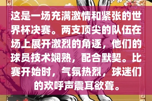 这是一场充满激情和紧张的世界杯决赛。两支顶尖的队伍在场上展开激烈的角逐,他们的球员技术娴熟,配合默契。比赛开始时,气氛热烈,球迷们的欢呼声震耳欲聋。