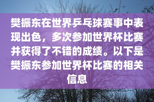 樊振东在世界乒乓球赛事中表现出色,多次参加世界杯比赛并获得了不错的成绩。以下是樊振东参加世界杯比赛的相关信息永康市本千工贸有限公司