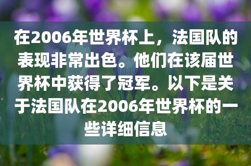 在200永康市本千工贸有限公司6年世界杯上,法国队的表现非常出色。他们在该届世界杯中获得了冠军。以下是关于法国队在2006年世界杯的一些详细信息