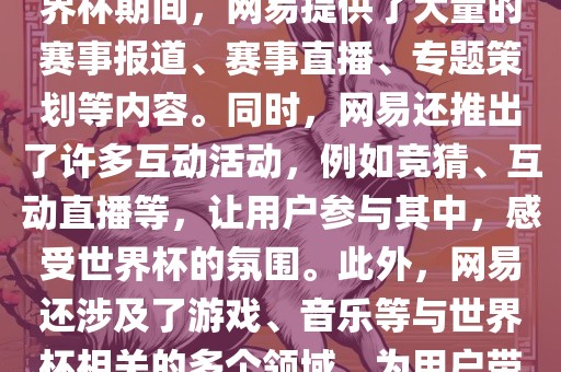 网易关于巴西世界杯的报道和相关信息非常广泛。在巴西世界杯期间,网易提供了大量的赛事报道、赛事直播、专题策划等内容。同时,网易还推出了许多互动活动,例如竞猜、互动直播等,让用户参与其中,感受世界杯的氛围。此外,网易还涉及了游戏、音乐等与世界杯相关的多个领域,为用户带来了全方位的巴西世界杯体验。