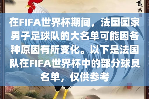在FIFA世界杯期间，法国国家男子足球队的大名单可能因各种原因有所变化。以下是法国队在FIFA世界杯中的部分球员名单，仅供参考