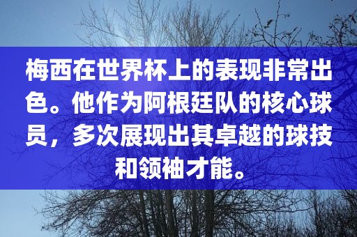 梅西在世界杯上的表现非常出色。他作为阿根廷队的核心球员，多次展现出其卓越的球技和领袖才能。