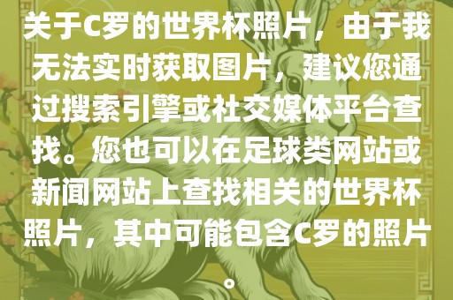关于C罗的世界杯照片,由于我无法实时获取图片,建议您通过搜索引擎或社交媒体平台查找。您也可以在足球类网站或新闻网站上查找相关的世界杯照片,其中可能包含C罗的照片。