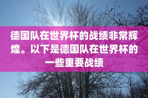 德国队在世界杯的战绩非常辉煌。以下是德国队在世界杯的一些重要战绩