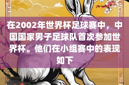 在2002年世界杯足球赛中,中国国家男子足球队首次参加世界杯。他们在小组赛中的表现如下