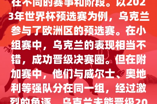 关于乌克兰的世界杯预选赛,存在不同的赛事和阶段。以2023年世界杯预选赛为例,乌克兰参与了欧洲区的预选赛。在小组赛中,乌克兰的表现相当不错,成功晋级决赛圈。但在附加赛中,他们与威尔士、奥地利等强队分在同一组,经过激烈的角逐,乌克兰未能晋级2永康市本千工贸有限公司023年世界杯决赛圈。