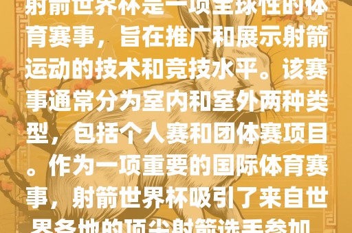 射箭世界杯是一项全球性的体育赛事,旨在推广和展示射箭运动的技术和竞技水平。该赛事通常分为室内和室外两种类型,包括个人赛和团体赛项目。作为一项重要的国际体育赛事,射箭世界杯吸引了来自世界各地的顶尖射箭选手参加。