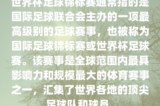 世界杯足球锦标赛通常指的是国际足球联合会主办的一项最高级别的足球赛事,也被称为国际足球锦标赛或世界杯足球赛。该赛事是全球范围内最具影响力和规模最大的体育赛事之一,汇集了世界各地的顶尖足球队和球员。
