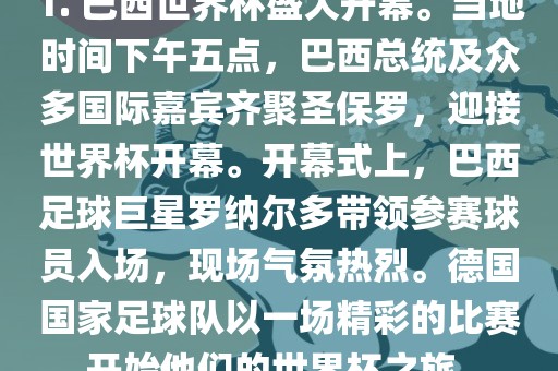 1. 巴西世界杯盛大开幕。当地时间下午五点,巴西总统及众多国际嘉宾齐聚圣保罗,迎接世界杯开幕。开幕式上,巴西足球巨星罗纳尔多带领参赛球员入场,现场气氛热烈。德国国家足球队以一场精彩的比赛开始他们的世界杯之旅。
