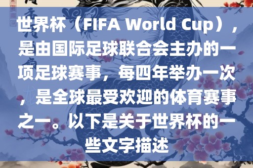 世界杯（FIFA World Cup），是由国际足球联合会主办的一项足球赛事，每四年举办一次，是全球最受欢迎的体育赛事之一。以下是关于世界杯的一些文字描述