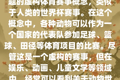 动物世界杯是一个以动物为主题的虚构体育赛事概念,类似于人类的世界杯赛事。在这个概念中,各种动物可以作为一个国家的代表队参加足球、篮球、田径等体育项目的比赛。尽管这是一个虚构的赛事,但在娱乐、动画、儿童文学等领域中,经常可以看到关于动物世界杯的故事和情节。