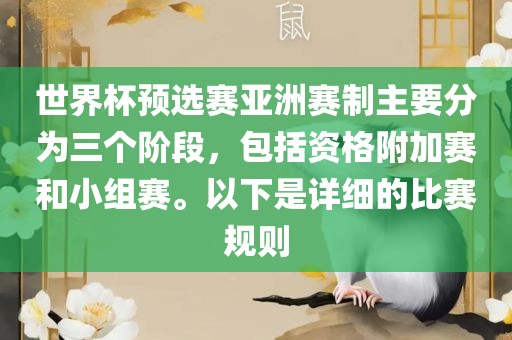 世界杯预选赛亚洲赛制主要分为三个阶段,包括资格附加赛和小组赛。以下是详细的比赛规则