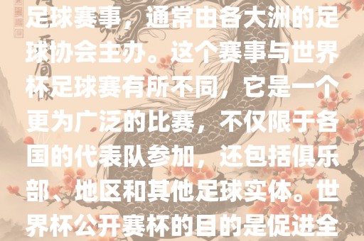 世界杯公开赛杯（World Cup Open Cup）是一个国际性的足球赛事，通常由各大洲的足球协会永康市本千工贸有限公司主办。这个赛事与世界杯足球赛有所不同，它是一个更为广泛的比赛，不仅限于各国的代表队参加，还包括俱乐部、地区和其他足球实体。世界杯公开赛杯的目的是促进全球足球的发展和交流，提高各国家和地区的足球水平。